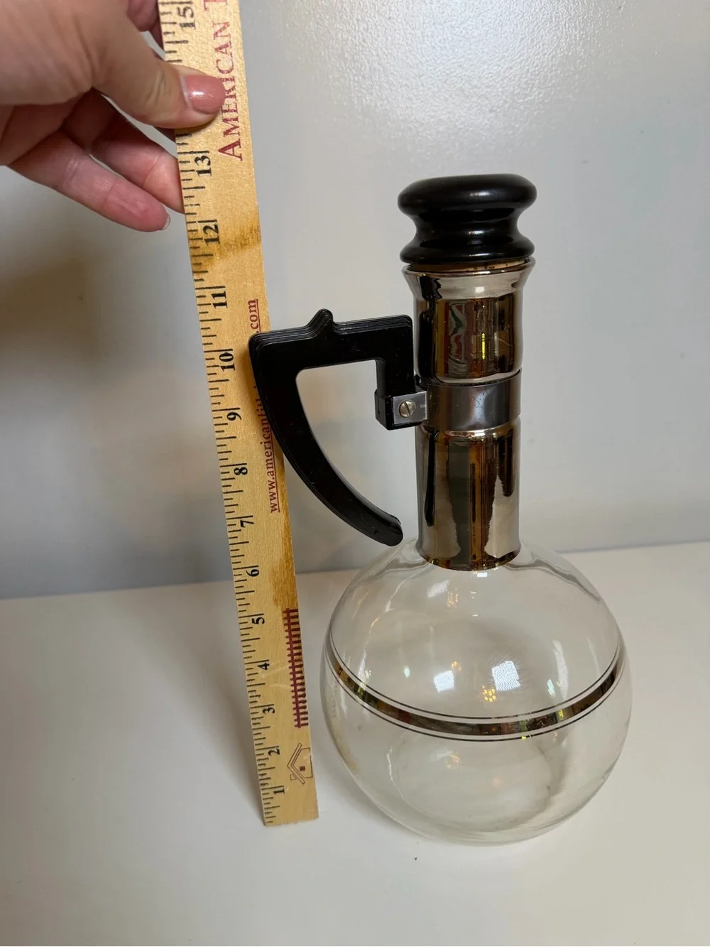 Vintage Inland Glass Handblown Carafe Decanter MCM Wood Cork Lid Clear Beverage